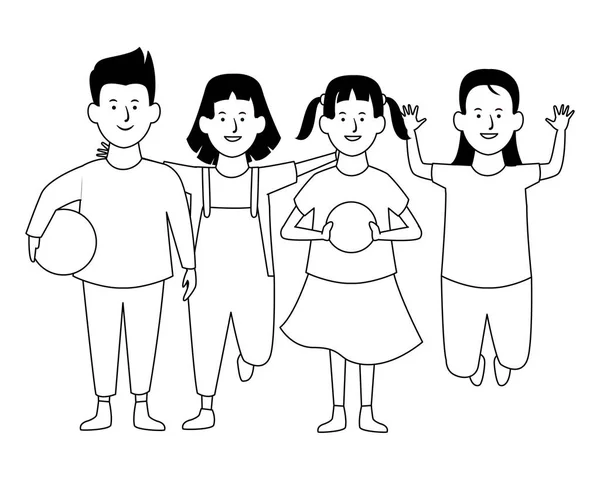 Deux enfants souriant dessins animés en noir et blanc — Image vectorielle