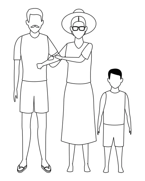 Vieux couple et enfant avatar noir et blanc — Image vectorielle