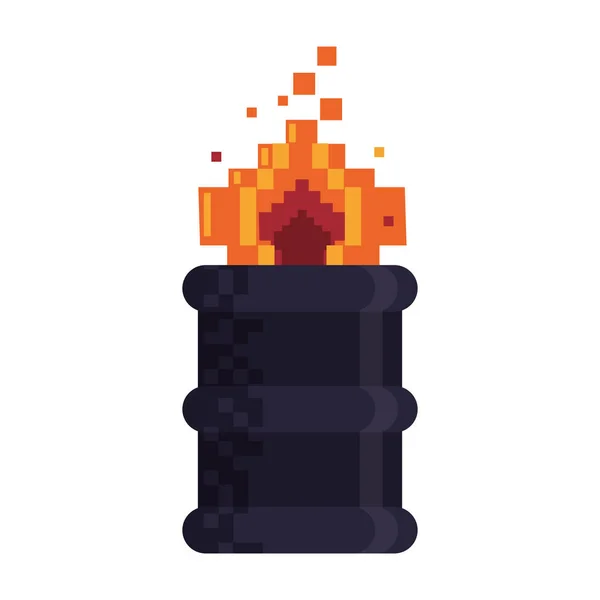 Videogame pixelated barrel on fire — Stock Vector