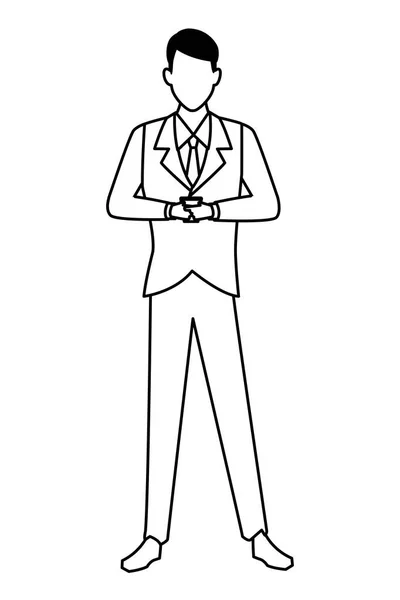 Uomo d'affari utilizzando smartphone cartone animato in bianco e nero — Vettoriale Stock