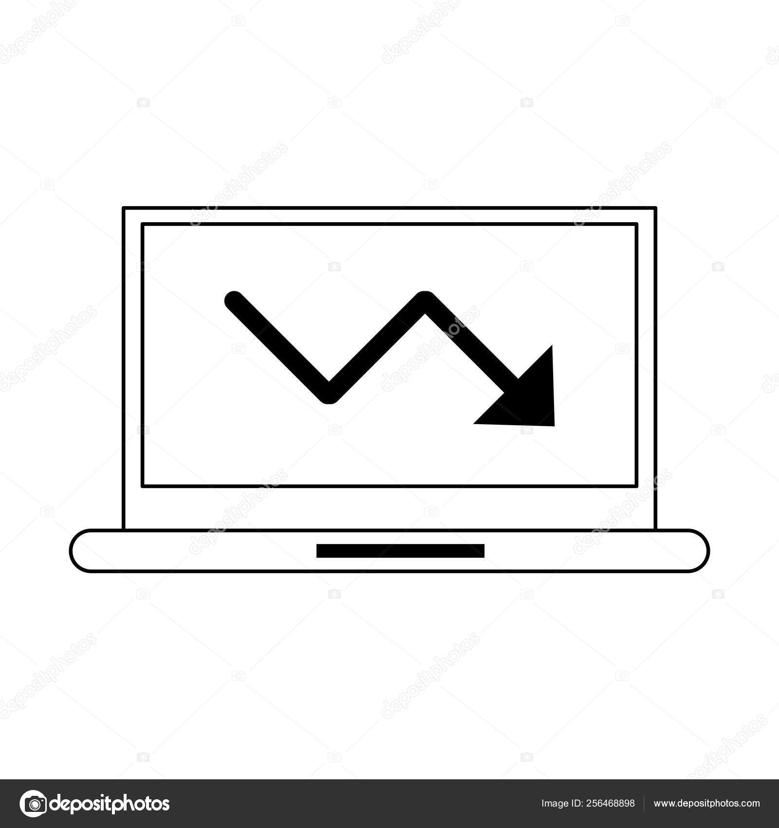 Ordinateur portable avec le symbole de flèche de statistiques de diminution en noir et blanc