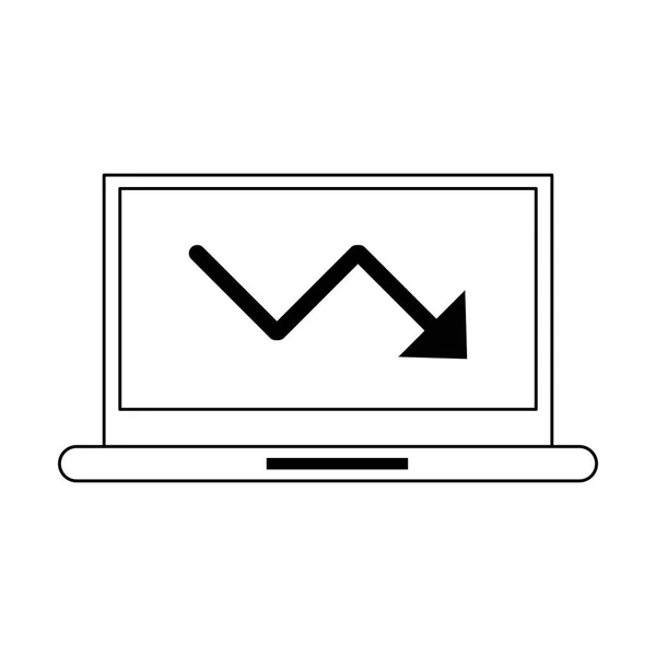 Ordinateur portable avec le symbole de flèche de statistiques de diminution en noir et blanc