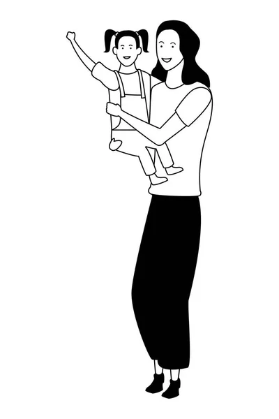 Mãe solteira com filha criança em preto e branco —  Vetores de Stock