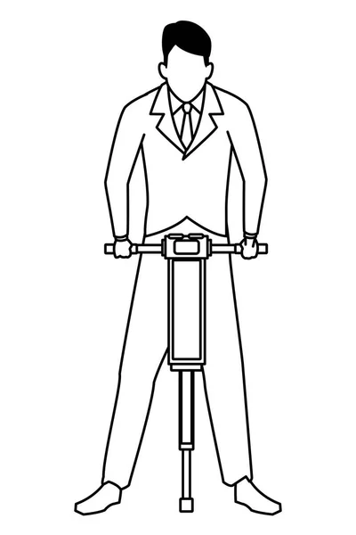 Homme d'affaires travaillant avec perceuse noir et blanc — Image vectorielle