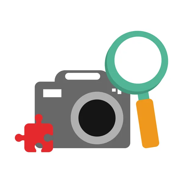 Fotokamera mit Erkennungsglas und Puzzle-Symbolen — Stockvektor