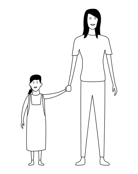 Egyedülálló anya, gyerek lánya fekete-fehér — Stock Vector