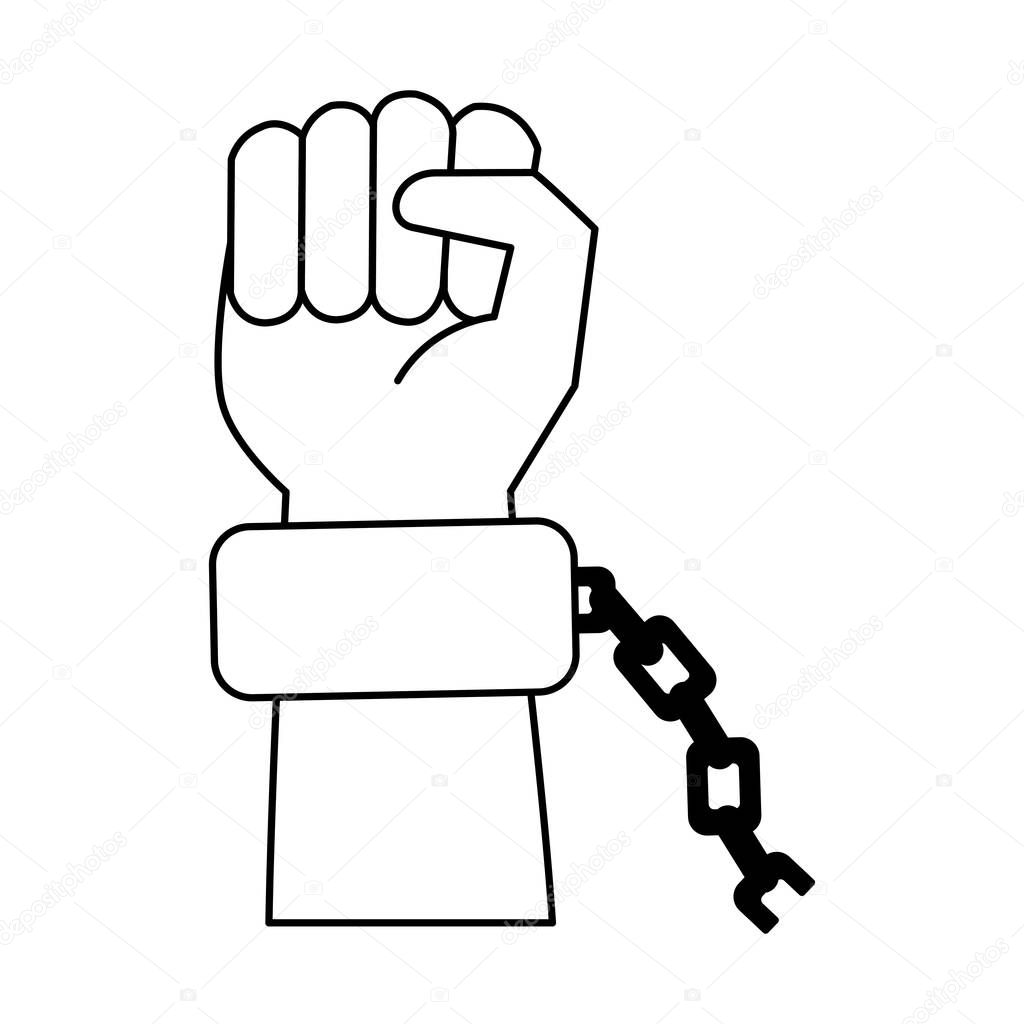 Black hand with chain cartoon in black and white