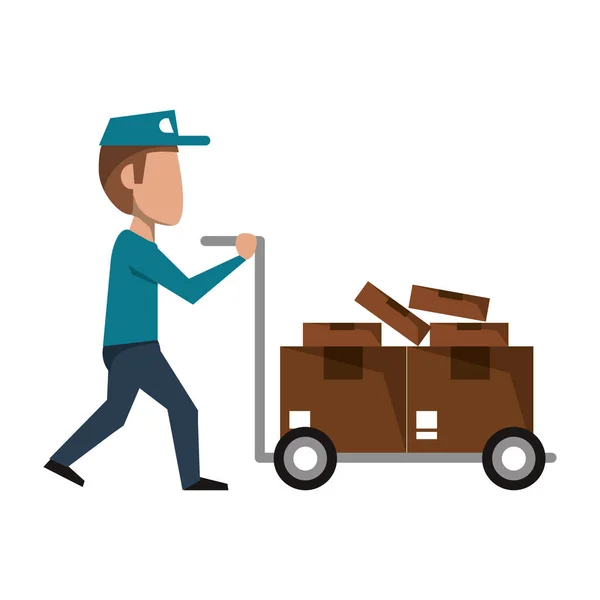 Courier Pushing handtruck med lådor — Stock vektor
