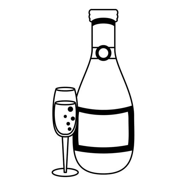 香槟瓶和杯子卡通隔离在黑色和白色 — 图库矢量图片