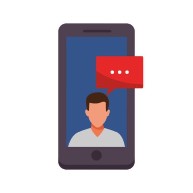 konuşma balonu ile bir cep telefonu içine adam