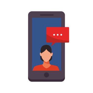 woman into a cellphone with speech bubble