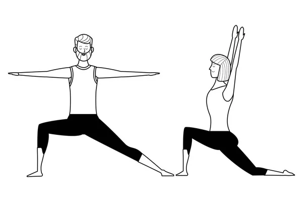 Paar-Yoga posiert schwarz und weiß — Stockvektor