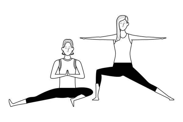 Couple yoga poses black and white — Stock Vector