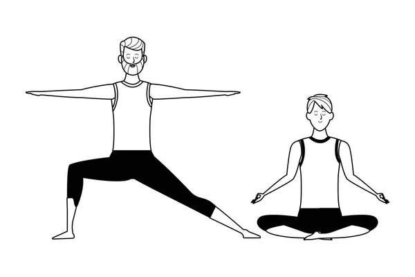 Hombres yoga poses blanco y negro — Vector de stock