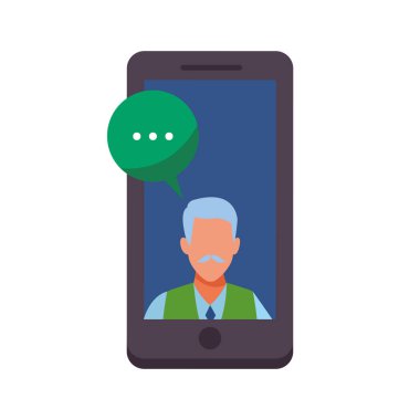 konuşma balonu ile bir cep telefonu içine yaşlı adam