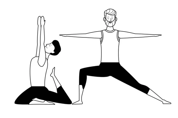 Men yoga poses black and white — Stock Vector