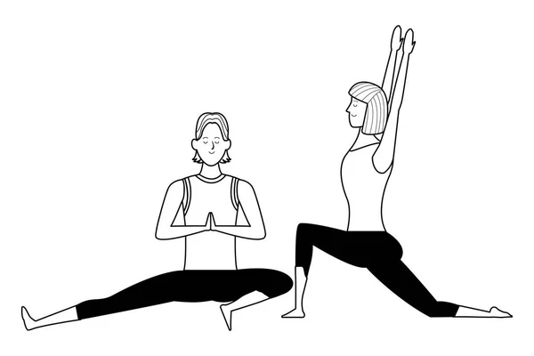 Pareja yoga poses blanco y negro — Vector de stock