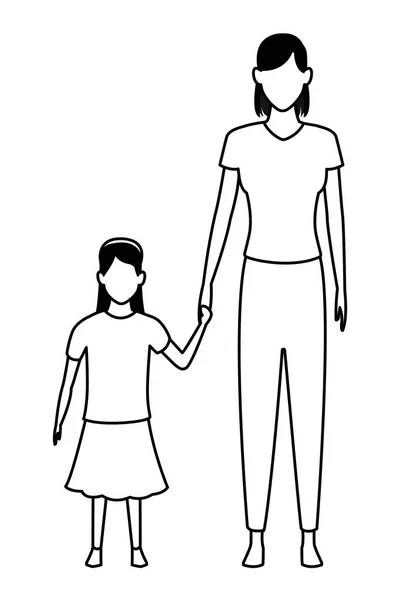 Frau hält ein Kind schwarz und weiß an der Hand — Stockvektor