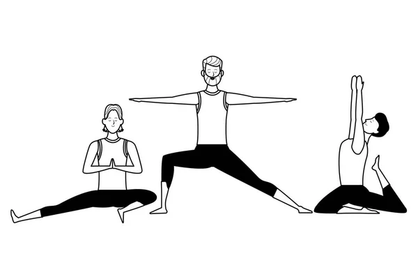 Männer Yoga posiert schwarz und weiß — Stockvektor