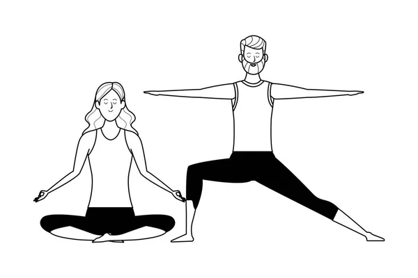Pareja yoga poses blanco y negro — Vector de stock