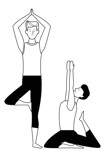 Hombres yoga poses blanco y negro — Vector de stock