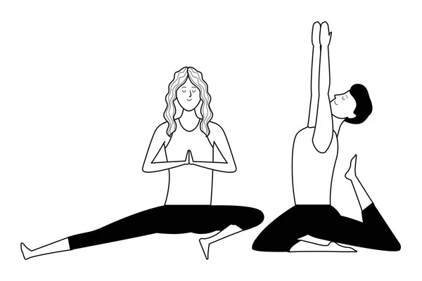 Couple yoga poses black and white — Stock Vector