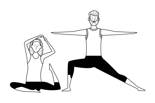 Casal ioga poses preto e branco — Vetor de Stock