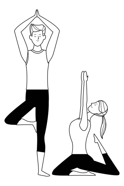 Couple yoga poses black and white — Stock Vector