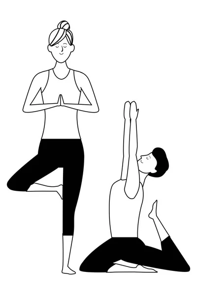 Pareja yoga poses blanco y negro — Vector de stock