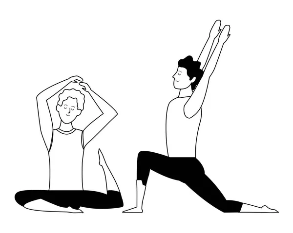 Hombres yoga poses blanco y negro — Vector de stock