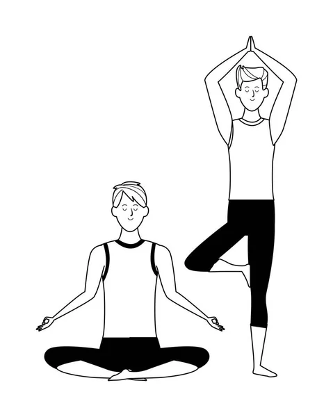 Homens ioga poses preto e branco — Vetor de Stock