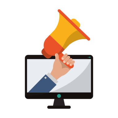 bilgisayar ekranında bullhorn ile işadamı el