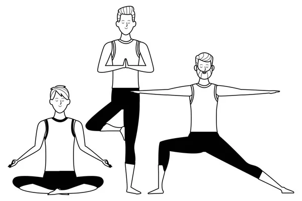 Hombres yoga poses blanco y negro — Vector de stock