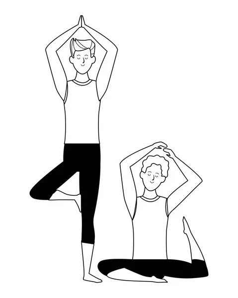 Hombres yoga poses blanco y negro — Vector de stock