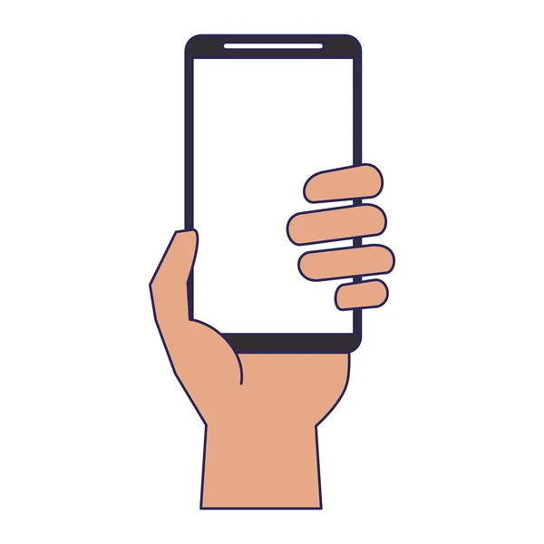 Ręka za pomocą smartphone Cartoon niebieskie linie — Wektor stockowy
