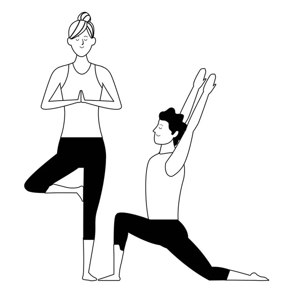 Pareja yoga poses blanco y negro — Vector de stock