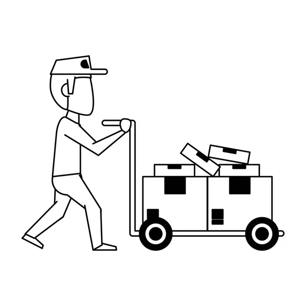 Courier pushing handtruck with boxes in black and white — Stock Vector