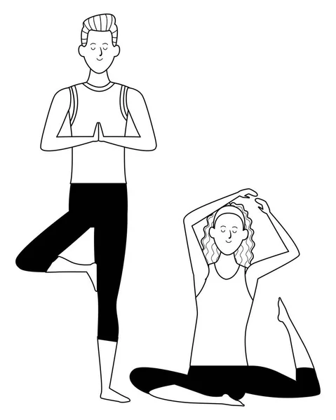 Pareja yoga poses blanco y negro — Vector de stock