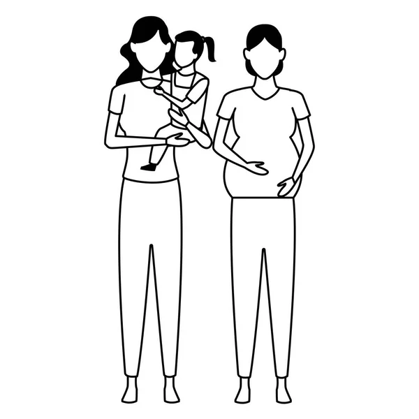 Ženy těhotné s dětmi avatar kreslený znak černá a bílá — Stockový vektor