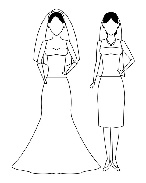 Women wearing wedding dress black and white — Stock Vector