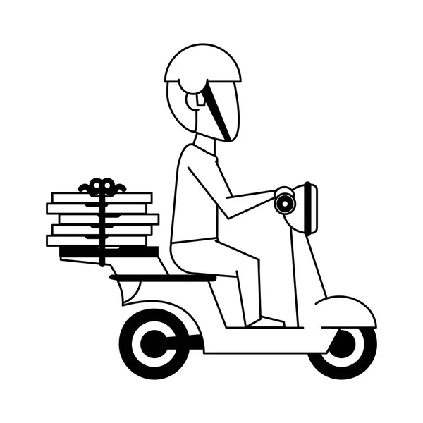 Courier Driving scooter met pizza's in zwart-wit — Stockvector