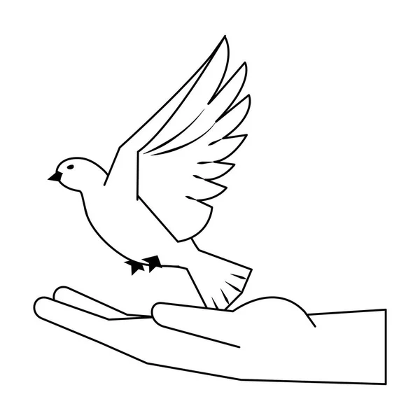Mano negra con paloma volando dibujos animados en blanco y negro — Archivo Imágenes Vectoriales