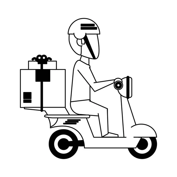 Repartidor de moto con cajas en blanco y negro — Vector de stock