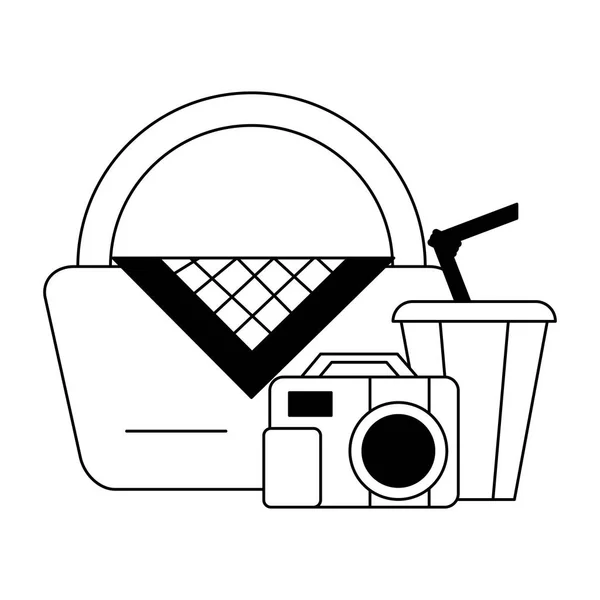 Cesta de picnic con productos alimenticios en blanco y negro — Vector de stock