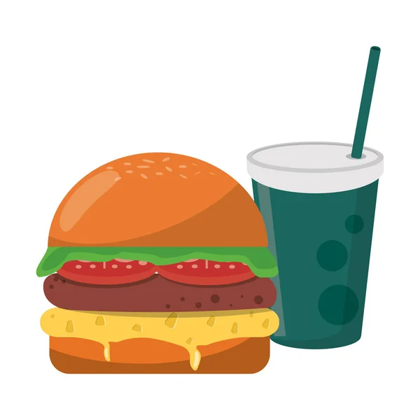 Hambúrguer fast food e xícara de refrigerante —  Vetores de Stock