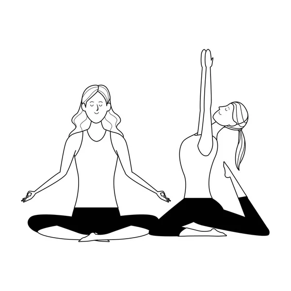 Vrouwen yoga poses zwart en wit — Stockvector