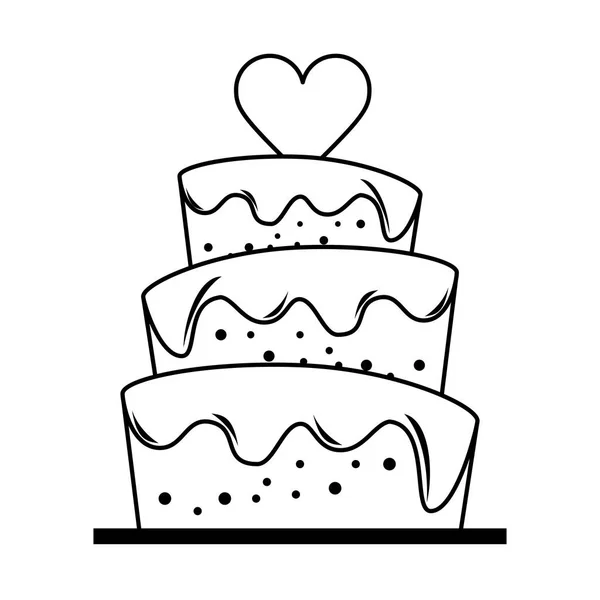 Bröllopstårta med hjärta tecknad i svart och vitt — Stock vektor