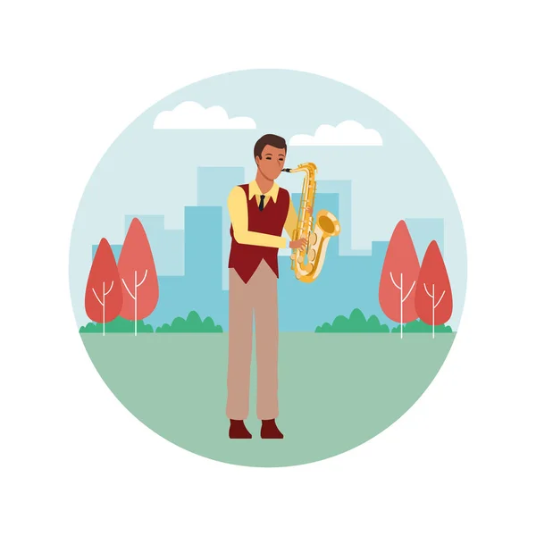 Muzyk gra na saksofonie okrągły ikona — Wektor stockowy