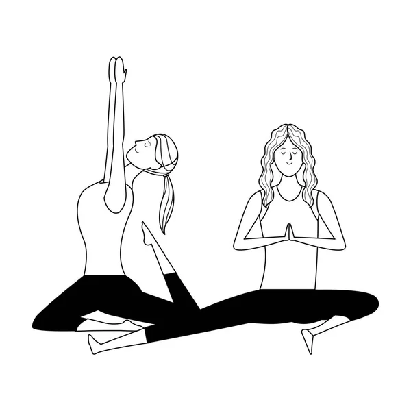 Wanita yoga pose hitam dan putih - Stok Vektor