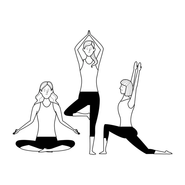 Vrouwen yoga poses zwart en wit — Stockvector